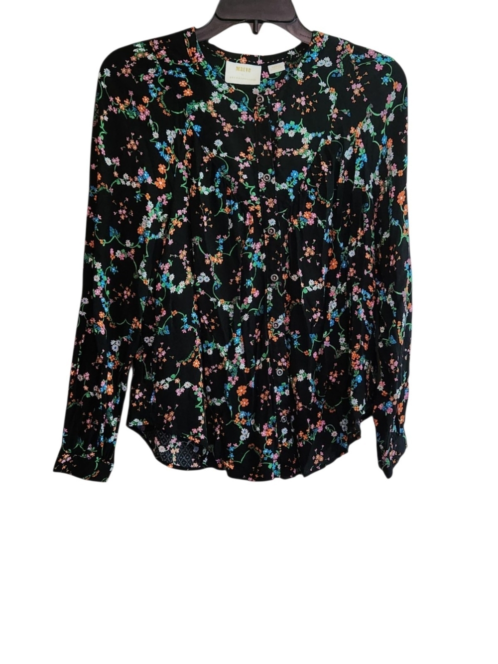 Maeve Anthropology Black Avignon Floral Button Blouse with Multicolor Blossoms